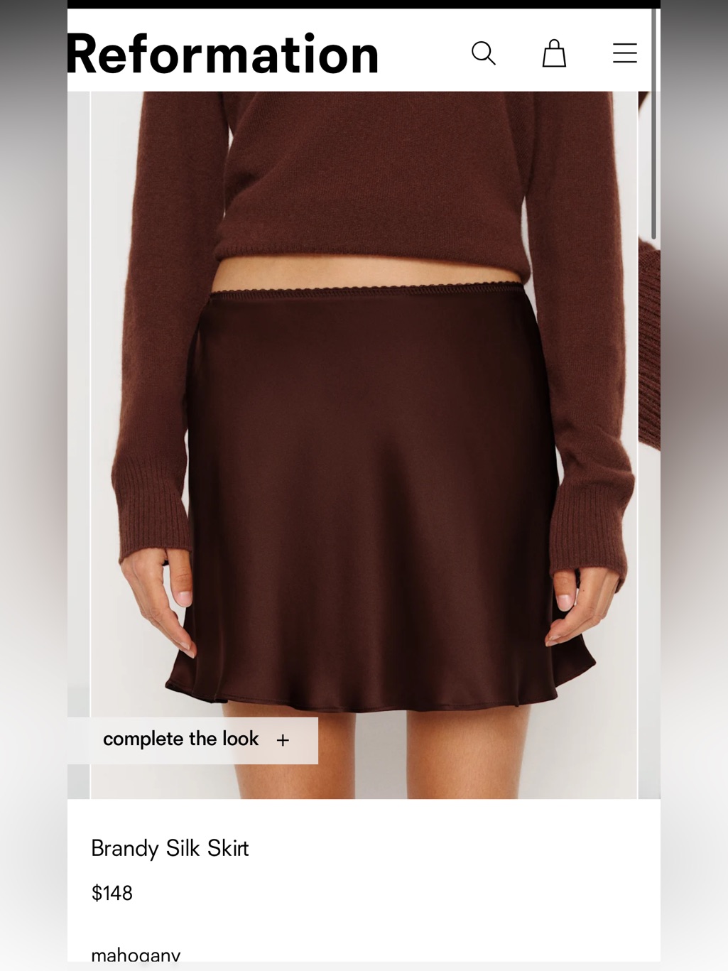 Reformation Brandy Silk Skirt Mahogany